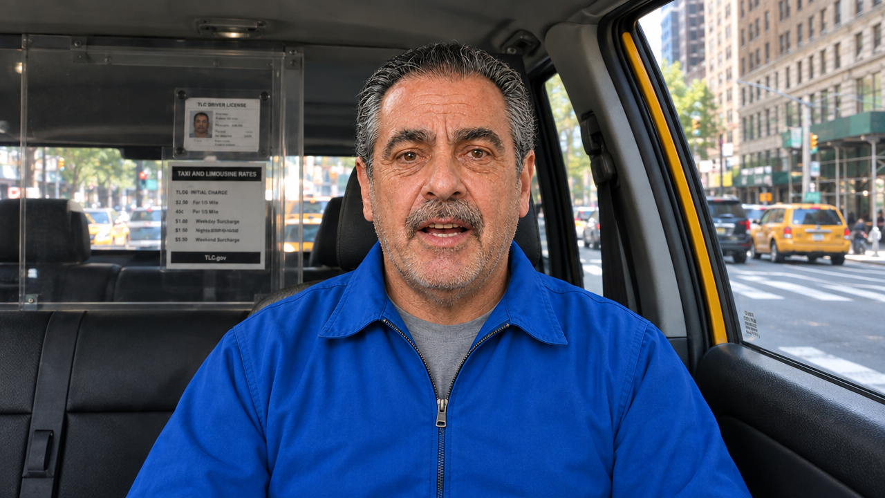 Frank DeLuca in the driver's seat of a yellow cab